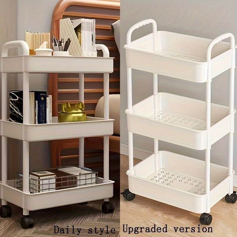 Carro de utilidad de 3 niveles con asa - Organizador de almacenamiento multifuncional con ruedas para cocina, oficina, sala de estar - Plástico duradero, blanco, carro de almacenamiento de cocina, organizador de habitaciones versátil, diseño elegante, as