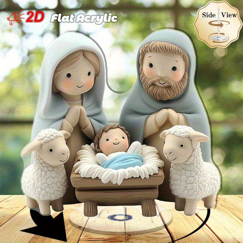 Decoración navideña de mesa 2D acrílica plana con diseño sereno de María, José y el niño Jesús junto a ovejas - ideal para decoraciones familiares en interiores y exteriores, regalos festivos perfectos para Navidad