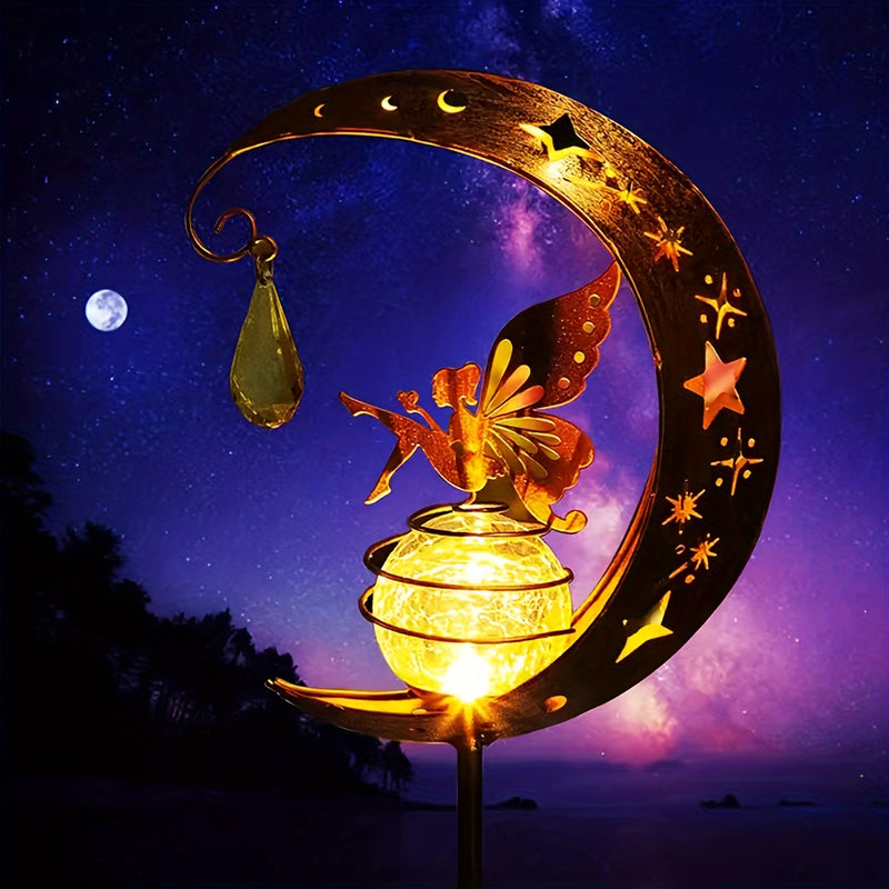 Luz solar para jardín de hadas con diseño de luna FACHOI - LED dorado elegante con esfera de vidrio agrietado y silueta de metal, ideal para decoración de caminos, césped, patios e iluminación exterior, decoración de cuento de hadas, opción de iluminació