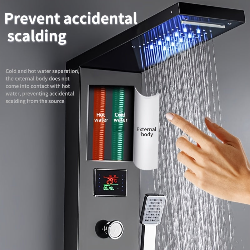 Juego completo de regadera, panel de ducha LED sin pilas con iluminación azul, modos de niebla y lluvia, 5 regaderas para cuerpo y mano, pantalla de temperatura, estructura de latón montada en pared, acabado negro moderno ideal para baños contemporáneos
