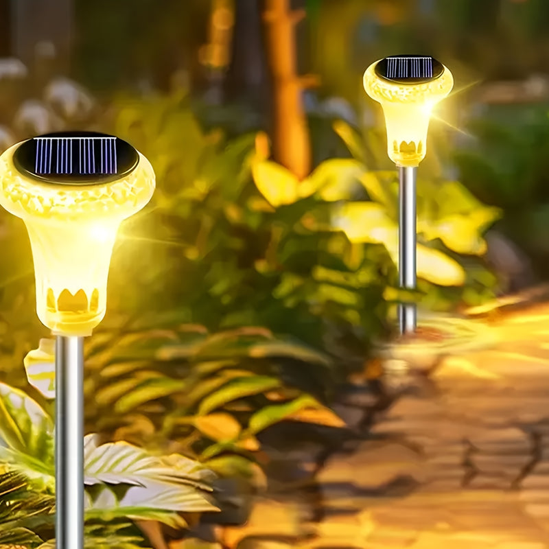 2 luces solares LED para jardín, lámpara de palo de acero inoxidable para exteriores, iluminación decorativa impermeable para patio, césped, sendero, terraza, garaje, fiesta de vacaciones, decoración de sendero de jardín, carga solar, montaje semienterra