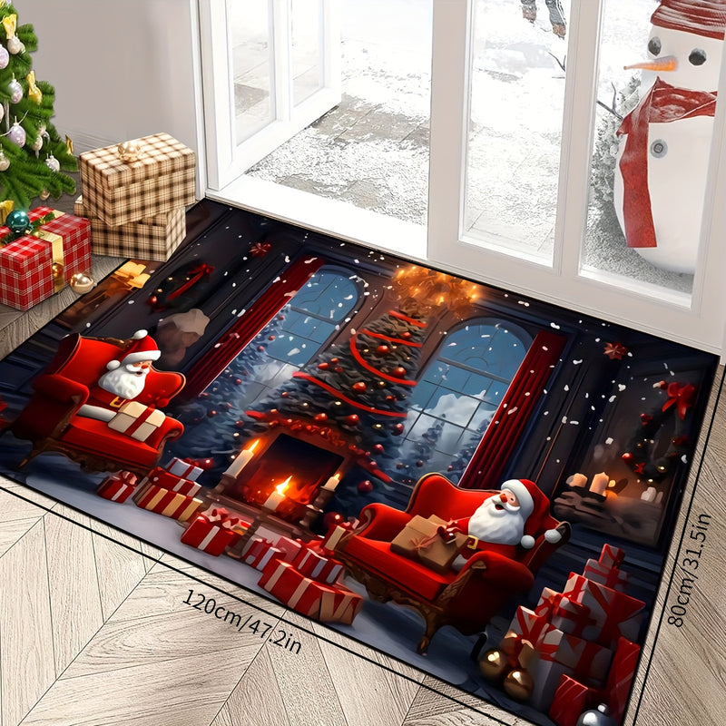 Tapete de puerta navideño de Papá Noel festivo - Tapete de poliéster lavable en máquina antideslizante con escena de chimenea acogedora para decoración navideña, perfecto para la entrada, tapete de decoración navideña | Diseño de chimenea acogedora | Tap