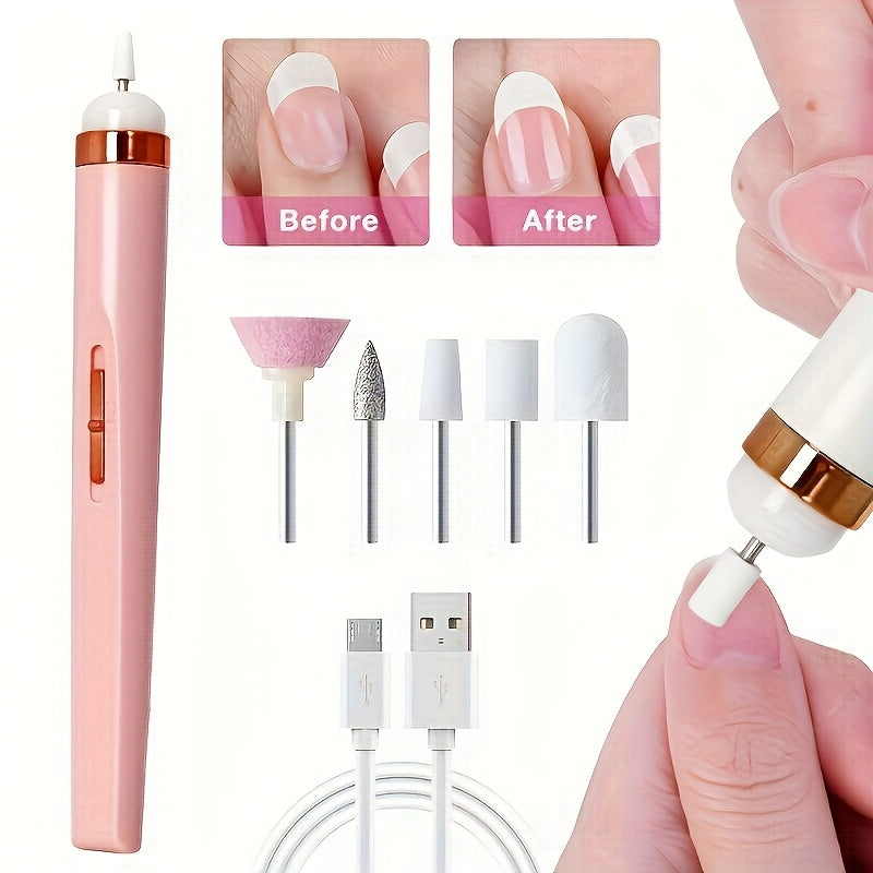 Broca Portátil para Uñas con 5 Accesorios, USB y Luz LED, Velocidad Ajustable para Herramientas de Manicura y Pedicura