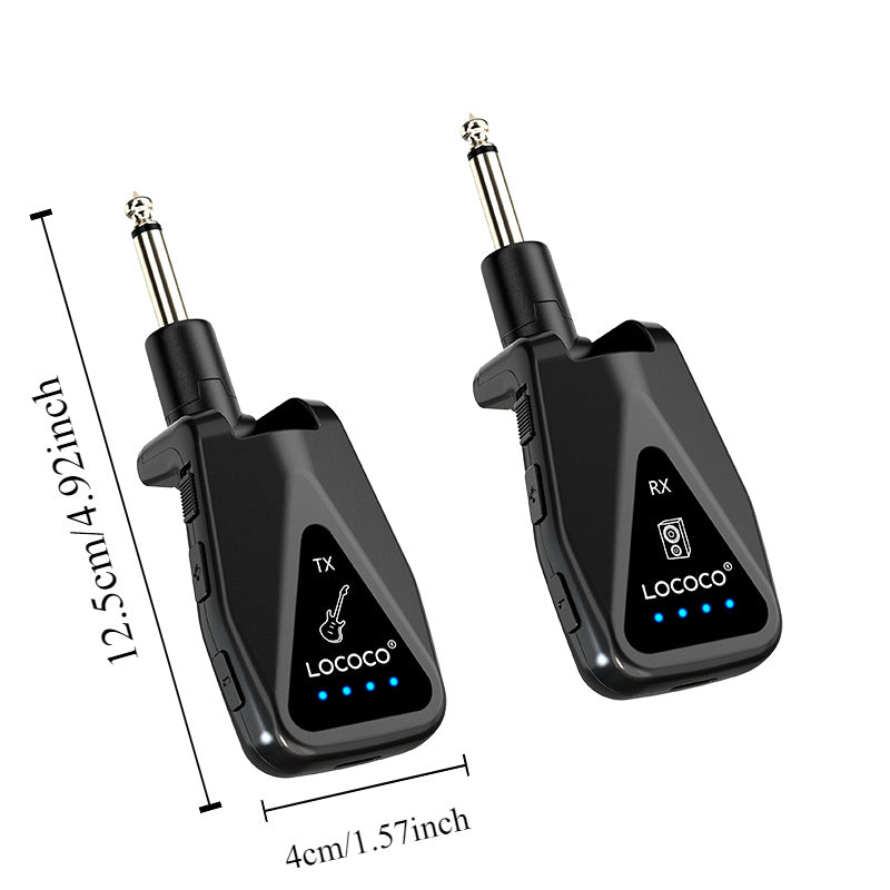 Sistema inalámbrico de guitarra, transmisor y receptor inalámbrico UHF para guitarra con indicador luminoso, 4 canales de audio recargables, alcance de 49,99 metros, Plug and Play, diseño de enchufe giratorio de 280° para guitarra eléctrica, bajo, amplif