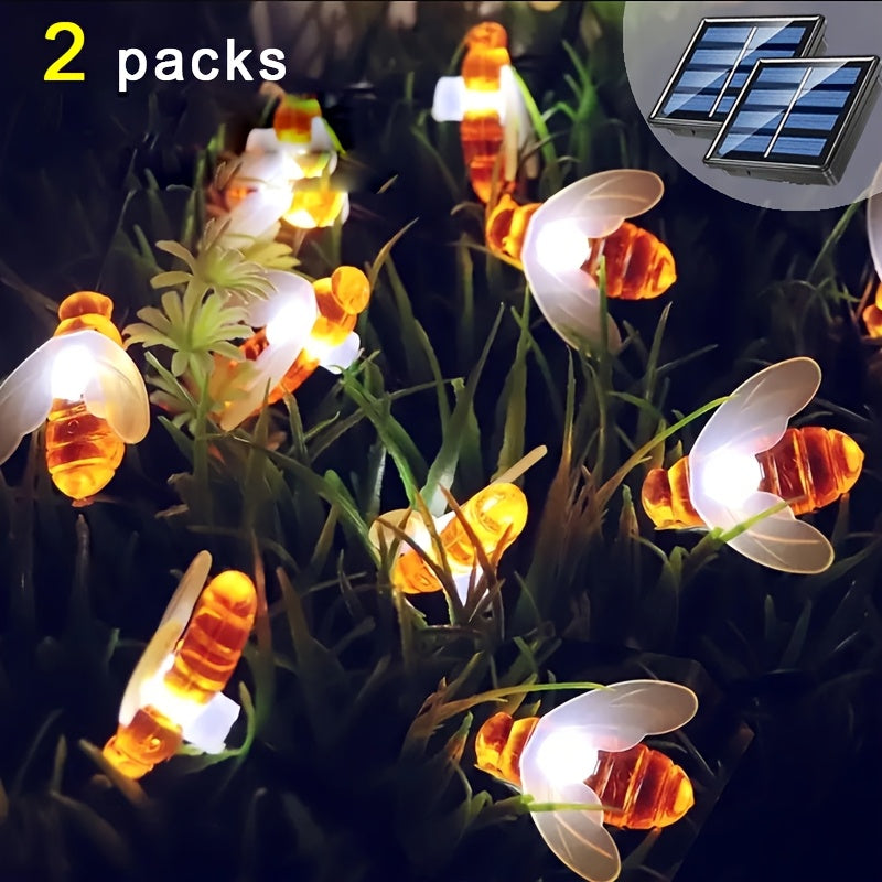 Luces de hada de jardín navideño solares en forma de abeja, pack de 2, 60 LED, luces de jardín de tema animal de plástico, control de botón, luz blanca, alimentadas por energía solar con batería de níquel de 600mAh, función de parpadeo, paneles solares r