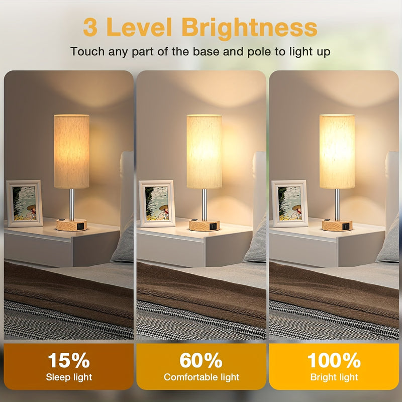 Conjunto de 1/2 Piezas de Lámpara de Noche Moderna con Control Táctil - Regulable en 3 Niveles, Puertos USB y Enchufe de CA, Base de Madera con Pantalla de Lino para Mesita de Noche, Escritorio, Oficina, Dormitorio (Bombilla LED Incluida), Lámparas de Me