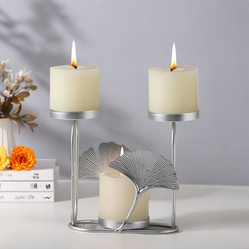 Soporte para velas de hierro artístico premium, 3 cabezas con diseño creativo de hoja de ginkgo, liviano, decorativo para cenas y fiestas, 1 unidad