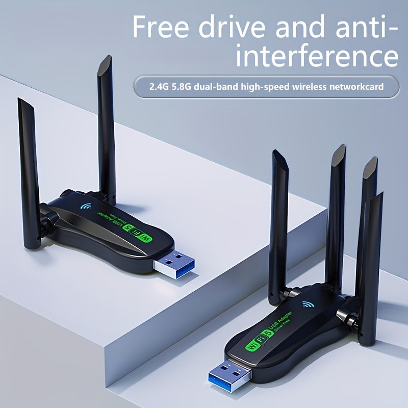 Adaptador Wifi de doble banda 2.4G/5.8G con 1300Mbps, interfaz USB, fuerte penetración de pared, cuatro antenas, internet de alta velocidad, baja latencia y acceso a internet en cualquier momento y lugar.