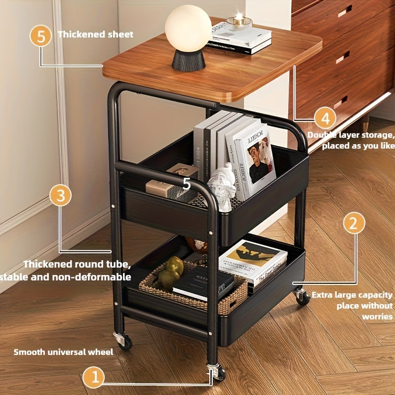Carro de almacenamiento de 3 niveles con parte superior de madera – Organizador de metal versátil para cocina, dormitorio, oficina y más – Negro con ruedas blancas, Organizador de oficina | Carro de almacenamiento elegante | Estante con parte superior de