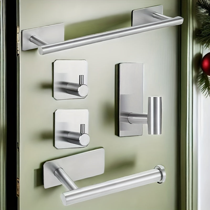 Juego de 5 accesorios para baño de acero inoxidable - Incluye barra para toallas, portarrollos de papel higiénico y gancho para albornoz - Fácil instalación sin taladrar - Opción perfecta para decoración del hogar, regalo de Navidad/Halloween
