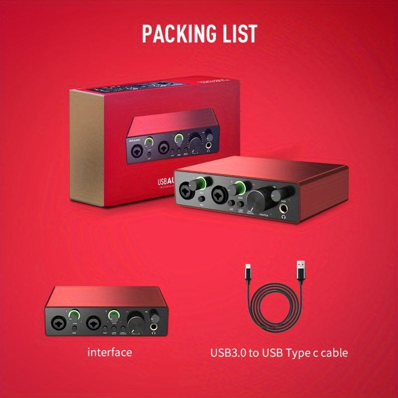 Interfaz de Audio AMACEX X2 para Grabación en PC, Podcasting y Streaming - Plug & Play, Silenciosa, Alimentada por USB con Conector de Monitor de 6.5mm, Controles de Volumen, Ideal para Músicos y Creadores de Contenido, Roja