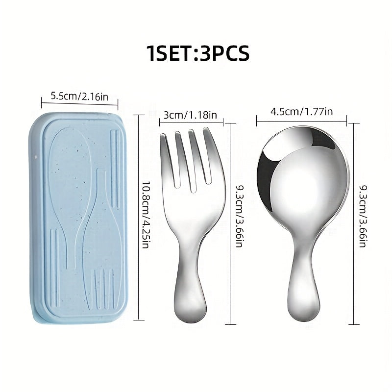 3pcs Portable Cutlery Set, Stainless Steel Short Handle Round Head Spoon Set, Mini Spoon and Fork Set, Boxed Stainless Steel Fork and Spoon Set, Small Round Spoon with Short Handle, Short Handle Round Head Spoon and Fork, Mini Ice Cream Spoon with Short