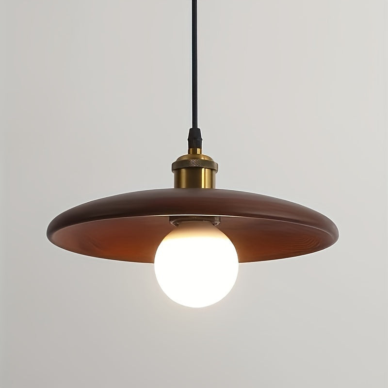Lámpara colgante de madera sólida estilo nórdico moderno - Montaje semienterrado con base de metal negro, control de interruptor regulable, sombra de madera para comedor, dormitorio, bar de café, pasillo y sala de estar (bombilla no incluida)