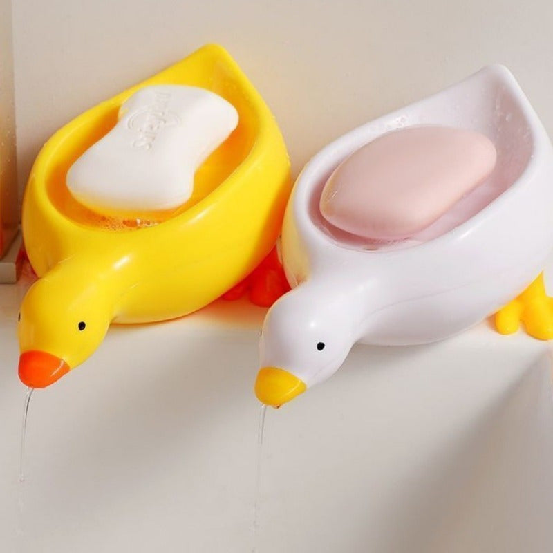 1pc Jabonera con Forma de Pato y Bandeja Ovalada Autodrenante - Accesorio para Baño Blanco y Amarillo, Plástico Duradero para Secado Rápido del Jabón y Soporte para Barras, Organizador Decorativo de Baño, Diseño Divertido | Diseño Efectivo de Drenaje