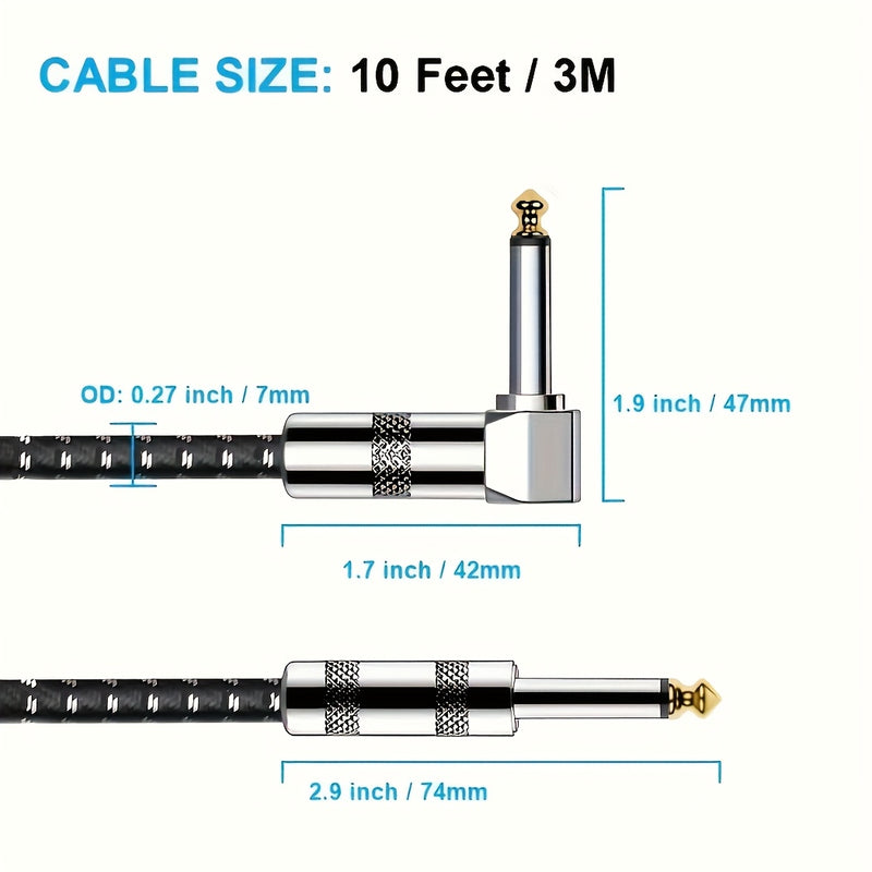 Cable de guitarra de 3,3 pies a 16 pies - Cable de instrumento de alta resistencia de 1/4" con diseño trenzado azul y negro, conector de ángulo recto a recto para guitarra eléctrica, bajo, mandolina, configuración de audio profesional, cable de guitarra,