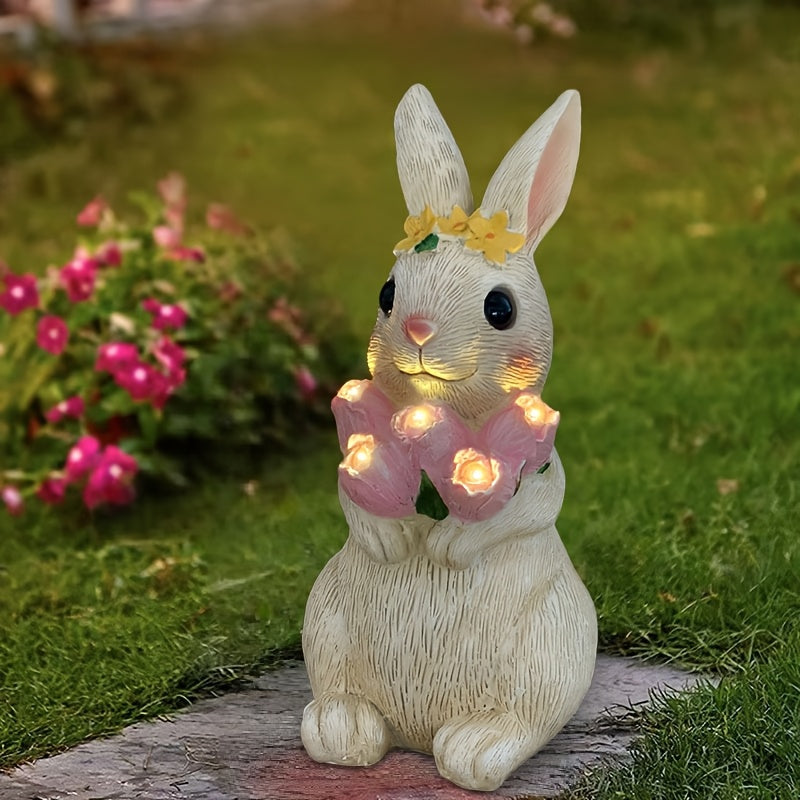 Linterna solar exterior IP65 de resina con conejo sosteniendo tulipán, luz ambiental LED para jardín, patio, terraza, escalones y villa - Decoración navideña para San Valentín, Acción de Gracias, Pascua, Halloween y Navidad