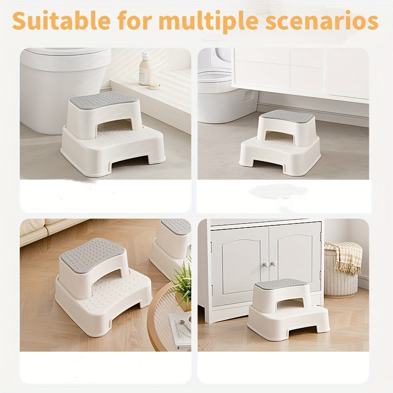 Taburete de Plástico de Dos Pasos en Un Paquete, Superficie y Base Antideslizante, Portátil con Tapa de Poliéster, Duradero, Multifuncional, Adecuado para Varios Tipos de Habitaciones, Baño, Cocina y Entrenamiento Higiénico, Apilable