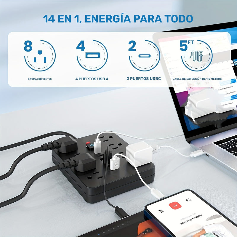 Regleta de 14 en 1, 8 tomacorrientes, 4 puertos USB, 2 puertos USB-C, cable de extensión de 152.4/304.8 cm, enchufe plano, montaje en pared, protección contra sobrecargas, supresor de picos, ideal para carga en el hogar y oficina