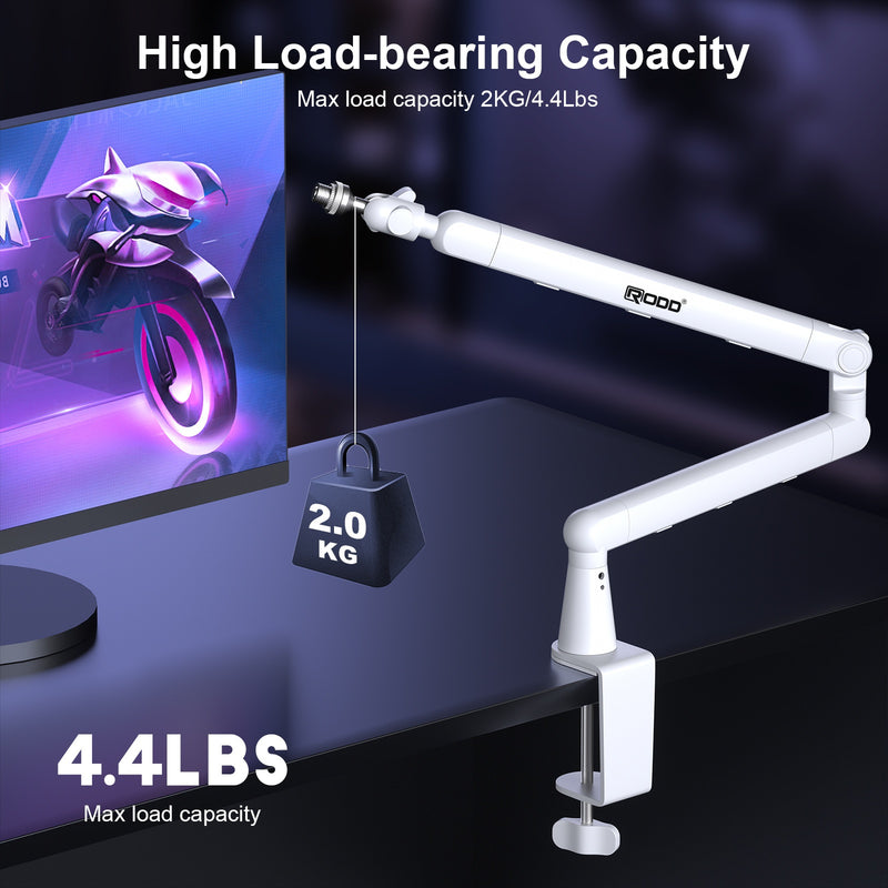 Brazo de micrófono pesado y blanco, giratorio 360° con gestión de cables integrada, adecuado para podcasting, video, juegos, transmisiones, estudio, grabación.