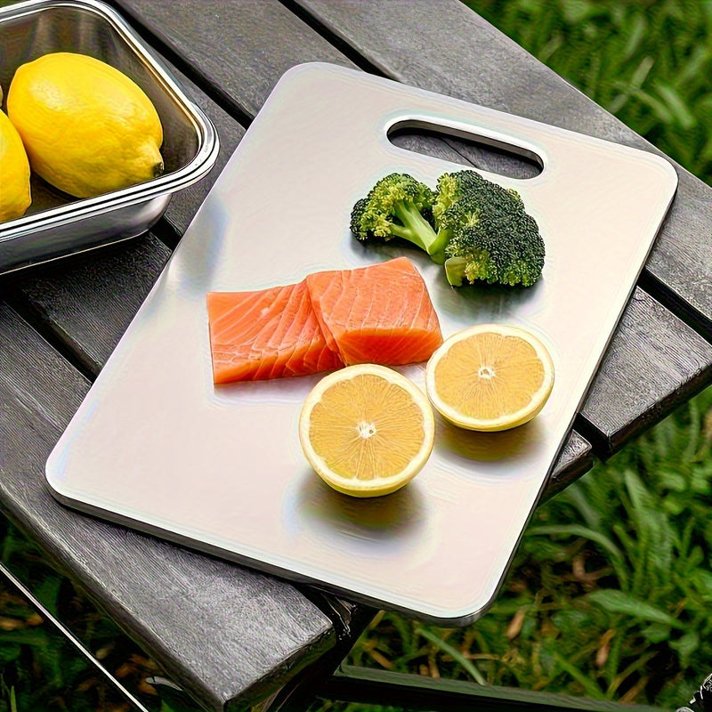 Juego de 3 tablas de cortar premium de acero inoxidable, ideales para frutas, verduras y carne. Tabla segura para alimentos, fácil de limpiar y duradera, perfecta para camping y senderismo