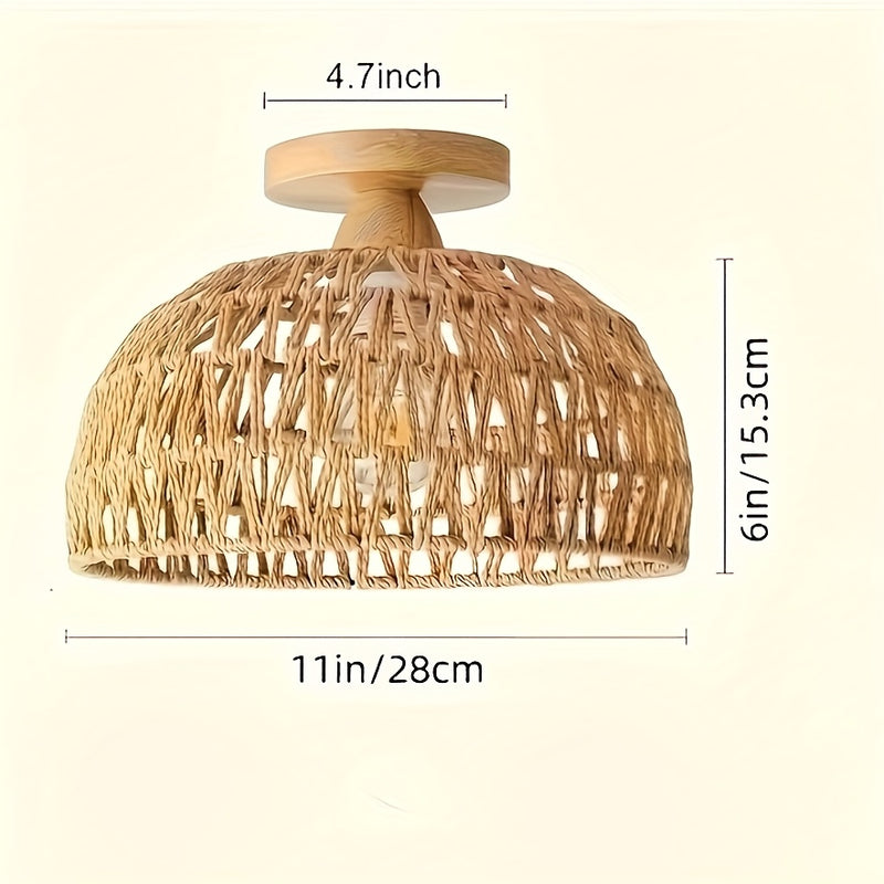 Linterna de techo semicircular rústica marrón con cabeza de lámpara de madera y jaula metálica de ratán para sala de estar, pasillo, baño, cocina, dormitorio, galería interior, cafetería - compatible con bombillas E26/E27 (bombillas no incluidas)