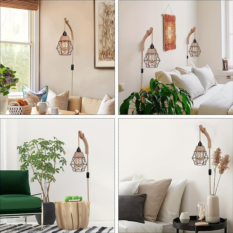 1pc Sconce de madera de granja rústica - Altura ajustable, control de botón de pulsar, 110-130V enchufe US, montaje de pared desmontable con hardware de instalación, sin bombilla incluida