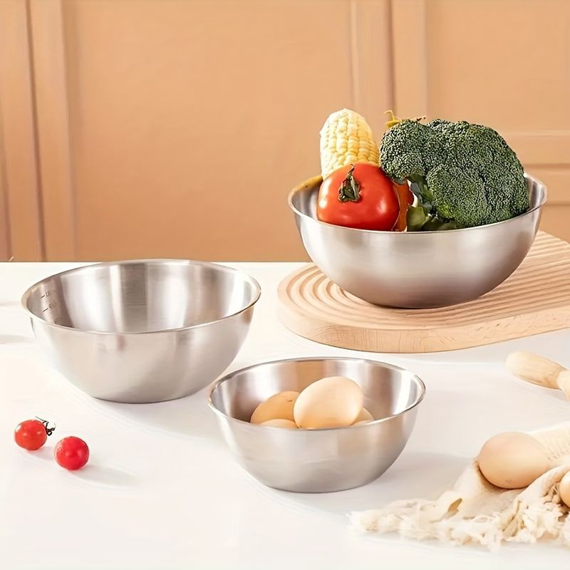 Juego de 3 tazones de acero inoxidable, acabado de metal cepillado, seguro para microondas, tazones redondos con tema de verduras para preparación y almacenamiento de cocina, ideal para BBQ y cocción al aire libre