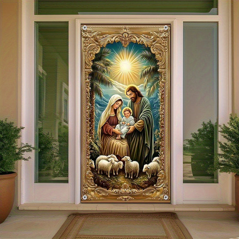 Banner de Puerta 2D, Bandera de Puerta 2D, 90x180cm/35.4x70.9pulgadas, Material de Poliéster - Banner de Puerta con Escena del Nacimiento, Decoración Estacional Adecuada para Reuniones en Casa y Decoración de Dormitorio, Apto para Diversas Ocasiones, No