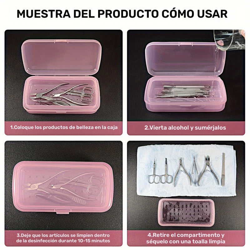 Caja de esterilización de herramientas de uñas, bandeja de esterilización transparente de plástico rosa, caja de almacenamiento de pinzas, caja de pinzas de uñas para salón de belleza y spa, máquina de corte de manicura