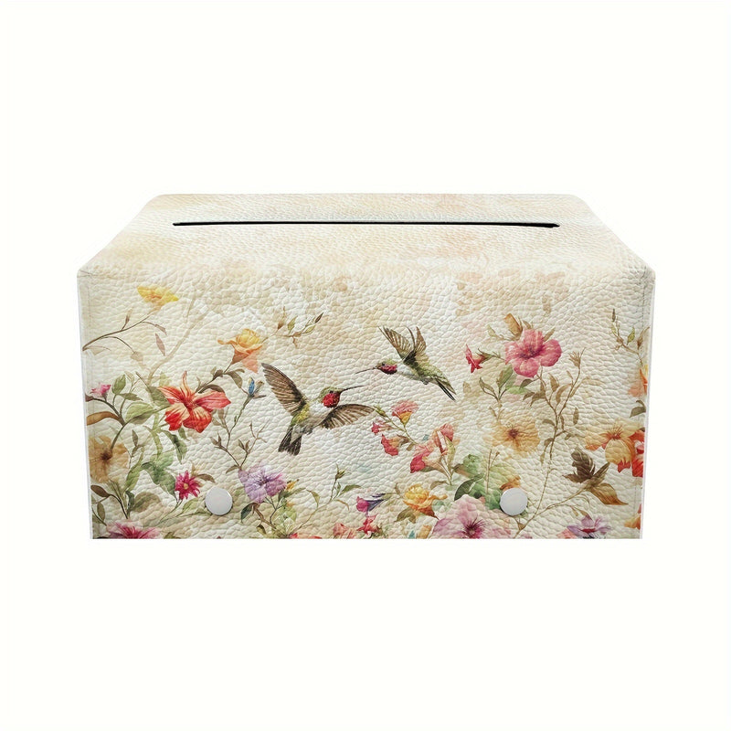 1pc Cubierta de Caja de Pañuelos de Cuero Pu con Cinturón Antideslizante, Estampado Vintage de Flores y Colibrí, Organizador Portátil de Pañuelos, Cubierta Decorativa para Caja de Pañuelos para Sala de Estar, Baño y Oficina