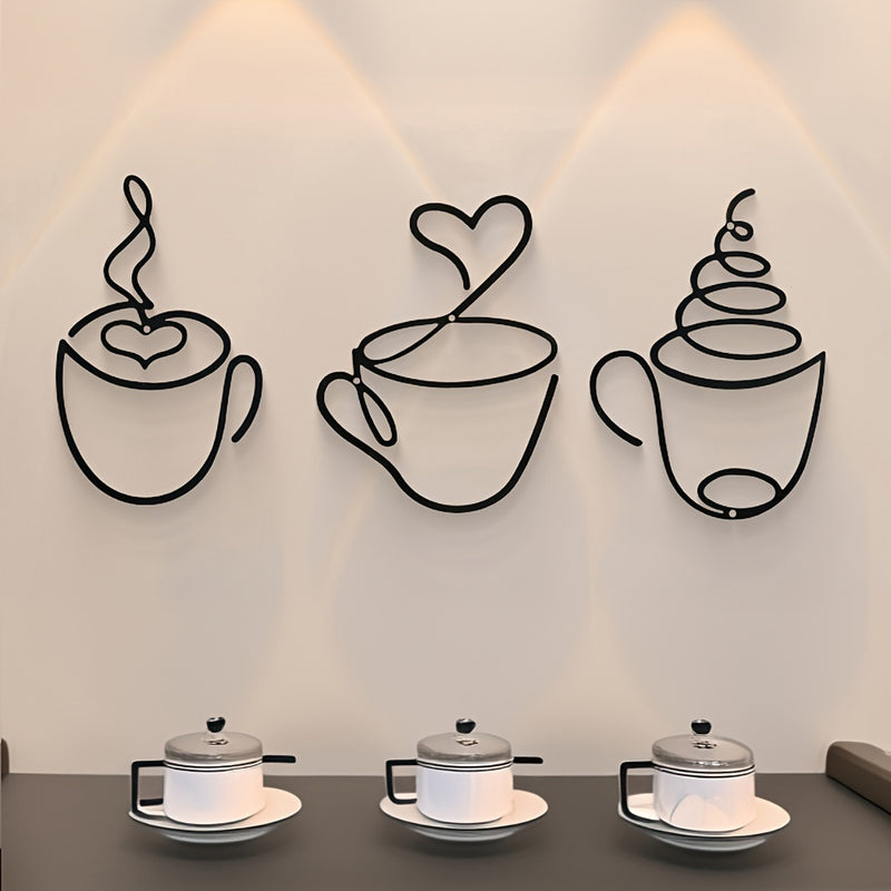 1 taza de café de metal negro moderno, escultura de patrón gráfico, decoración de tema cultural para pared para salón, restaurante, fondo de habitación, uso interior - Arte de hierro de lujo colgado en la pared