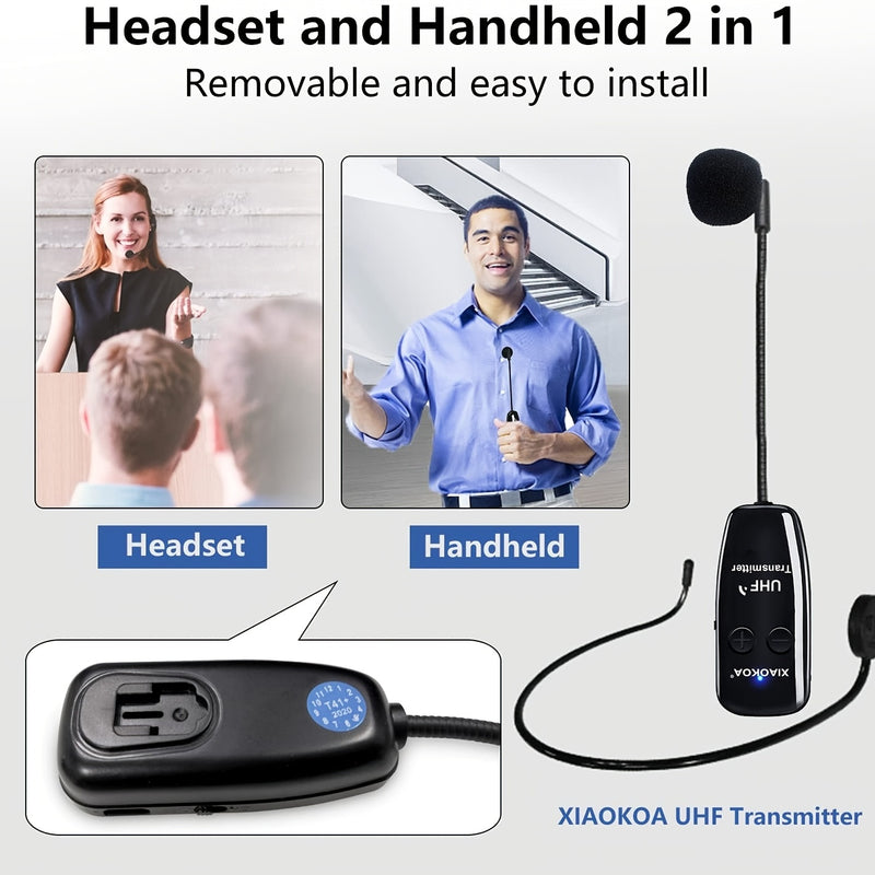 Auriculares con Micrófono Inalámbrico Recargable - Micrófono de Mano 2-en-1 con Receptor UHF para Sistemas de PA, Ideal para Discursos Públicos y Enseñanza, Carga USB Tipo-C