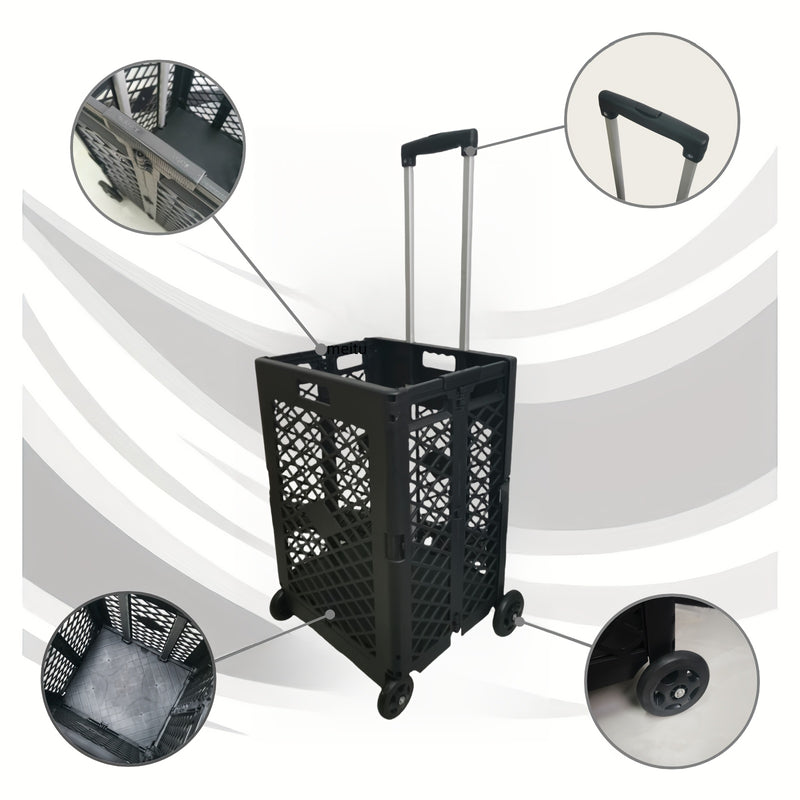 Carrito de Almacenamiento Plegable de 55L con 4 Ruedas - Portátil, Plegable, de Plástico para Cocina y Comedor, Negro