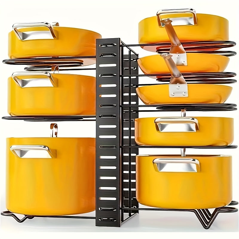Organizador de ollas y sartenes de metal resistente de 8 niveles, antideslizante y resistente al óxido, diseño de pie para ahorrar espacio, ideal para cocinas en hogares y restaurantes, accesorio moderno y duradero para almacenamiento