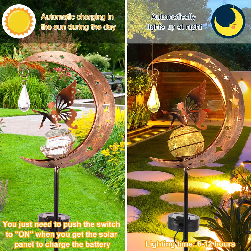 Luz solar para jardín de hadas con diseño de luna FACHOI - LED dorado elegante con esfera de vidrio agrietado y silueta de metal, ideal para decoración de caminos, césped, patios e iluminación exterior, decoración de cuento de hadas, opción de iluminació