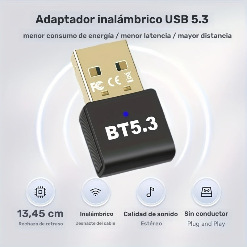 Adaptador inalámbrico USB 5.3 para PC, auriculares, teclado, ratón, altavoces - Plug and Play, compatible con Windows 11/10/8.1, compatible con versiones anteriores de 5.2/5.1/5.0/4.2/4.1/4.0, admite 7 dispositivos, no requiere batería.