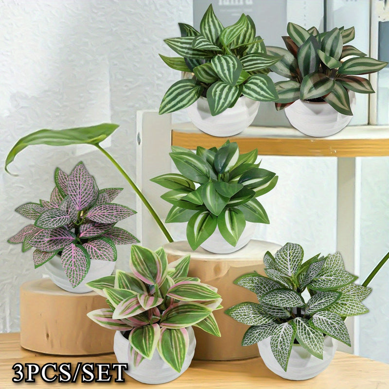 3 Piezas por Set Plantas Artificiales en Maceta Fittonia, Hoja Zebrina, Peperomia, Mini Bonsái Rosa y Verde, Material PE para Decoración de Exteriores, Jardín y Hogar Primavera-Verano