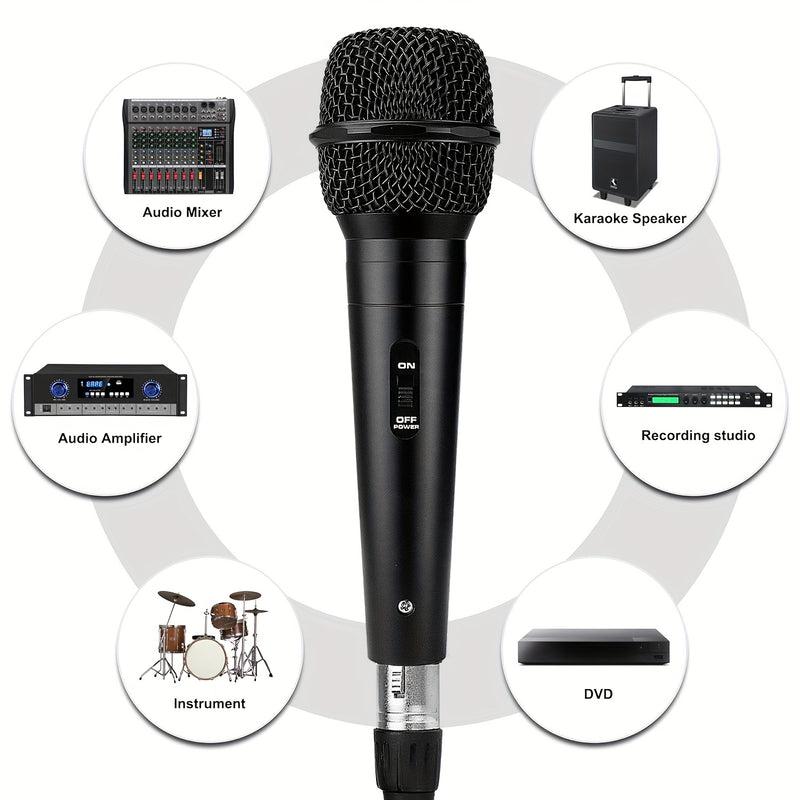 Micrófono Dinámico con Cable de Heikuding y Interruptor ON/OFF, Cable XLR de 298.7cm, Clip y Soporte para Karaoke, Altavoces, Fiestas y Actuaciones En Vivo