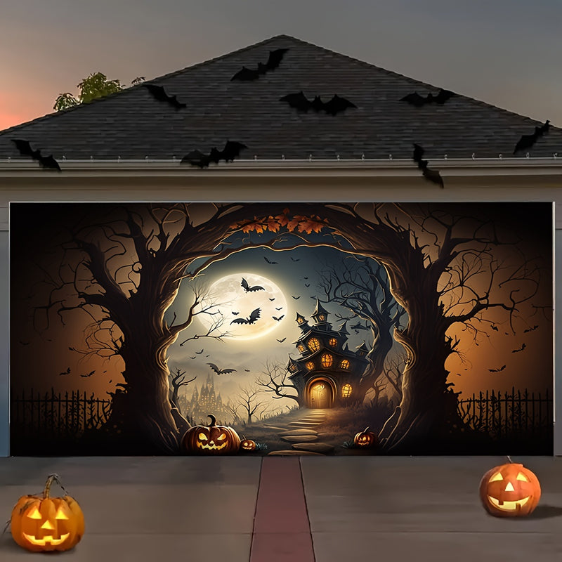 Decoración de Puerta de Garaje de Halloween con Calabaza y Castillo de Murciélagos - 1pc Tapiz Colgante de Poliéster, Banderín Festivo para Ambiente de Jardín