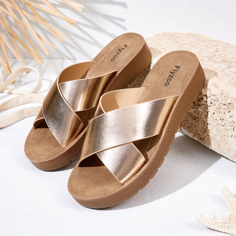 1 par de sandalias planas de verano para mujer con tiras cruzadas - punta abierta, sin cordones, cómodas, con cubierta sintética, zapatillas de playa con suela gruesa y acolchada para uso diario, al lado de la piscina, uso casual y zapatillas de piscina,