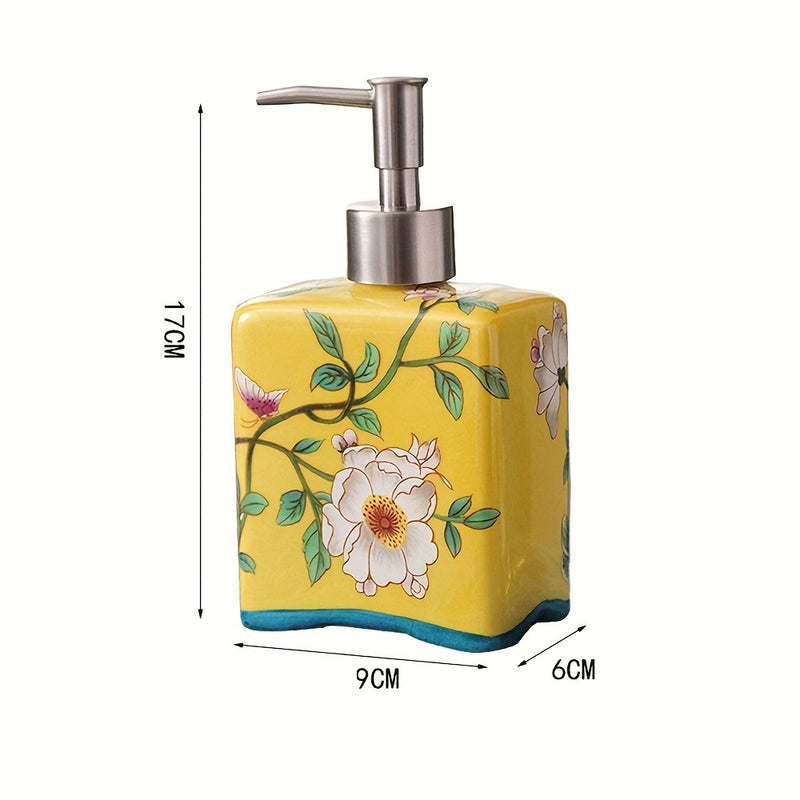 Dispensador de jabón vintage, práctico y recargable, estilo chino, contenedor de champú, porcelana floral, botella de jabón de cerámica antideslizante para el hogar