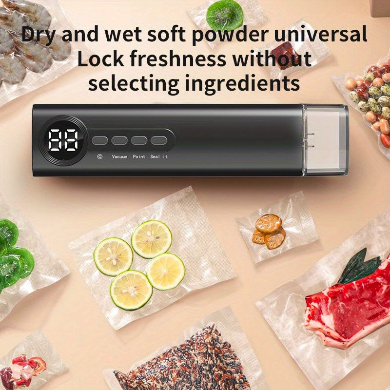 Un dispositivo de sellado hermético compacto alimentado por USB para la conservación de alimentos, con funcionamiento automático, pantalla digital, succión potente de 62Kpa, capacidades para inflar y extraer, un depósito de agua y un diseño magnético par