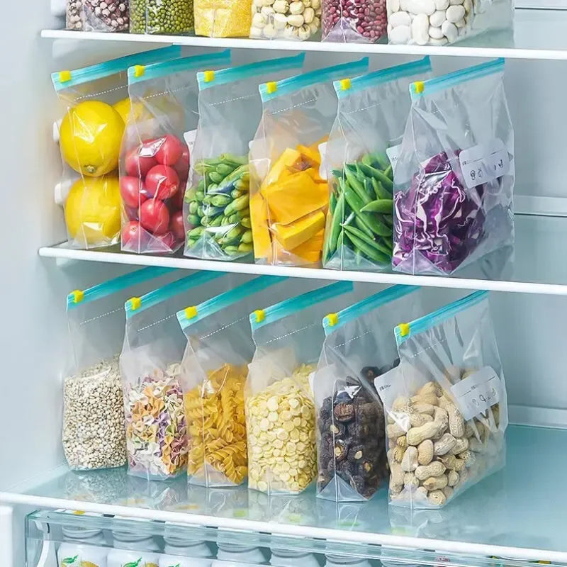10pcs Bolsas de Almacenamiento de Alimentos Reutilizables Engrosadas con Cierre Deslizante - Transparentes, a Prueba de Humedad y Polvo, Mantenedores de Frescura para Refrigerador, Congelador y Organización de Despensa, Material PE de Fácil Sellado, Orga