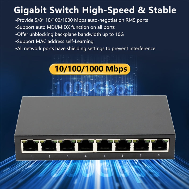 Conmutador de Red Gigabit 10/100/1000Mbps, 8 Puertos/5 Puertos, Carcasa Metálica, Alimentación USB para Escritorio, Adaptador Ethernet RJ45 Plug-and-Play con Cambio Automático MDI/MDIX Rápido, Ideal para Hogar/Dormitorio y Oficina - Múltiples Opciones de
