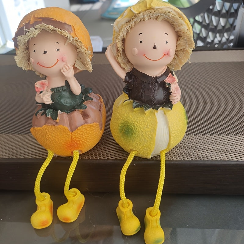 2 piezas de Muñecas de Frutas Caprichosas - Naranja y Limón Adorables Decoración de Escritorio con Sombreros de Paja y Vestidos, Perfectas para Pascua, Habitación, Jardín o Balcón, Accesorio Festivo para el Hogar | Diseño Juguetón | Resina Duradera