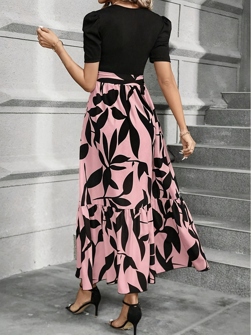 Vestido Elegante con Estampado Floral y Cinturón - Cuello Redondo, Manga Corta, Diseño en A para Mujer - Perfecto para Primavera y Verano