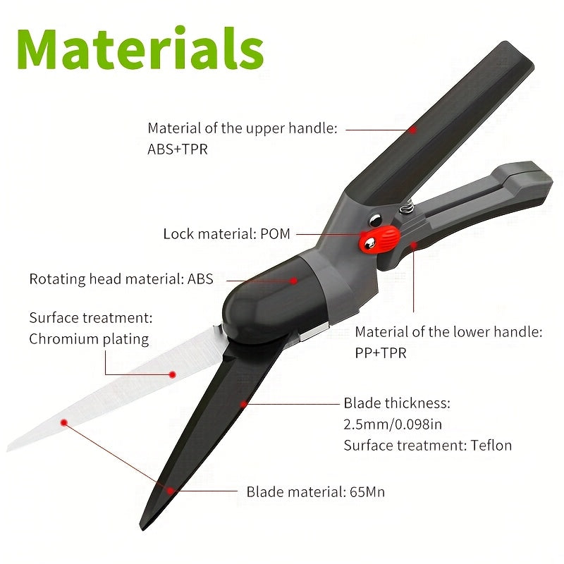 Cortacésped manual de mano de 7 pulgadas con hoja de rotación de 340°, tijeras de jardín manuales, diseño antideslizante para recortar césped con precisión, podar plantas y recoger frutas.