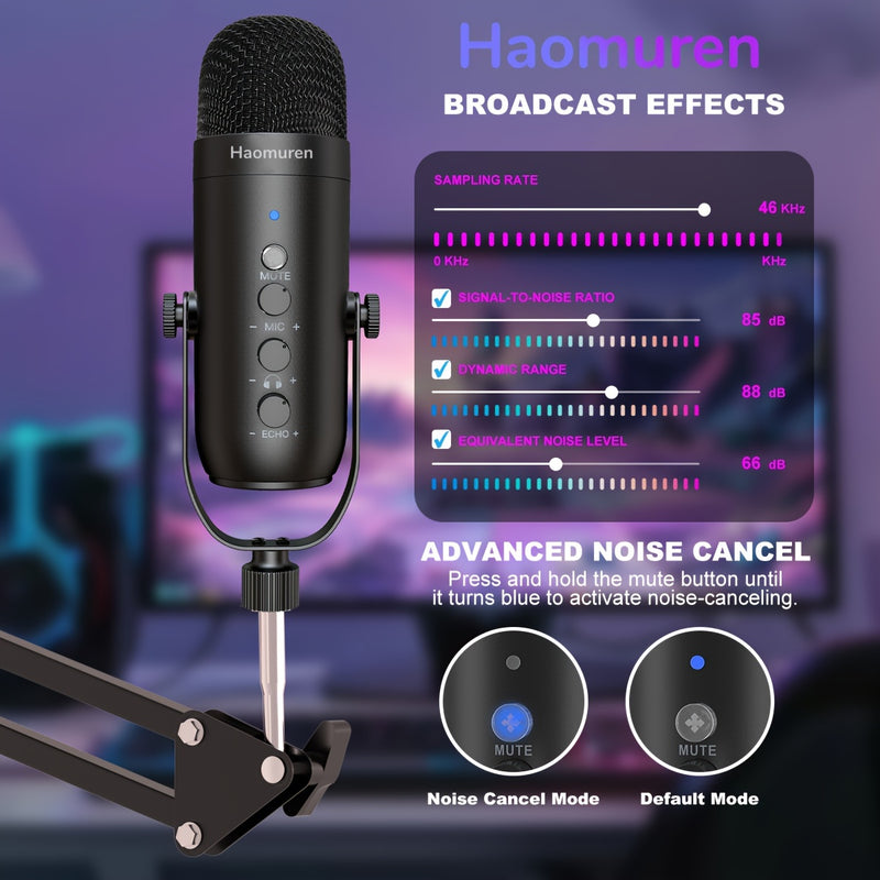 Kit de Micrófono Profesional de la Marca Haomuren, Soporte de Escritorio y Boom con Filtro Anti-pop, Compatibilidad USB Plug-and-Play para Varios Dispositivos · Silencio con Un Botón · Monitoreo en Tiempo Real · Efecto de Reverberación · Adecuado para Gr
