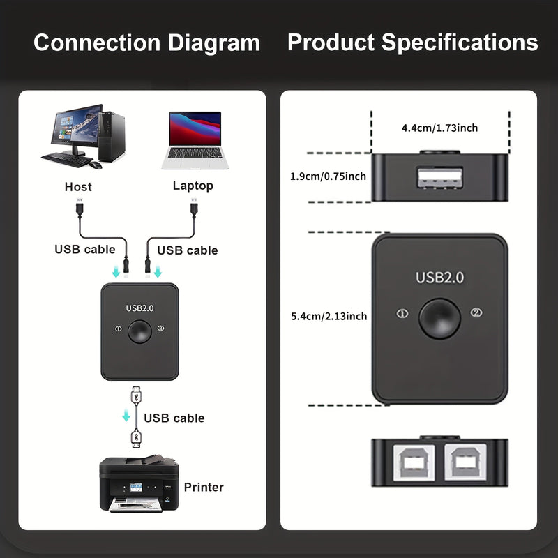 Conmutador USB 2.0 2 en 1 para Impresora, Selector LED de Compartición USB, Conmutador para 2 Computadoras con Teclado, Ratón y Escáner Incluye 2 Cables USB de 1 Metro, Compatible con Mac Windows Linux