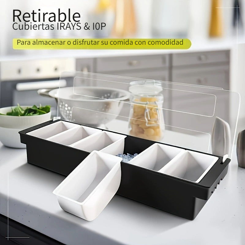 1 Juego de Bandeja para Especias con 6 Compartimentos y Tapa, Utensilios de Cocina para Cóctel Chef - Plástico Duradero, Ideal para Bares, Heladerías y Salserías | Suministros Esenciales para Bares y Restaurantes